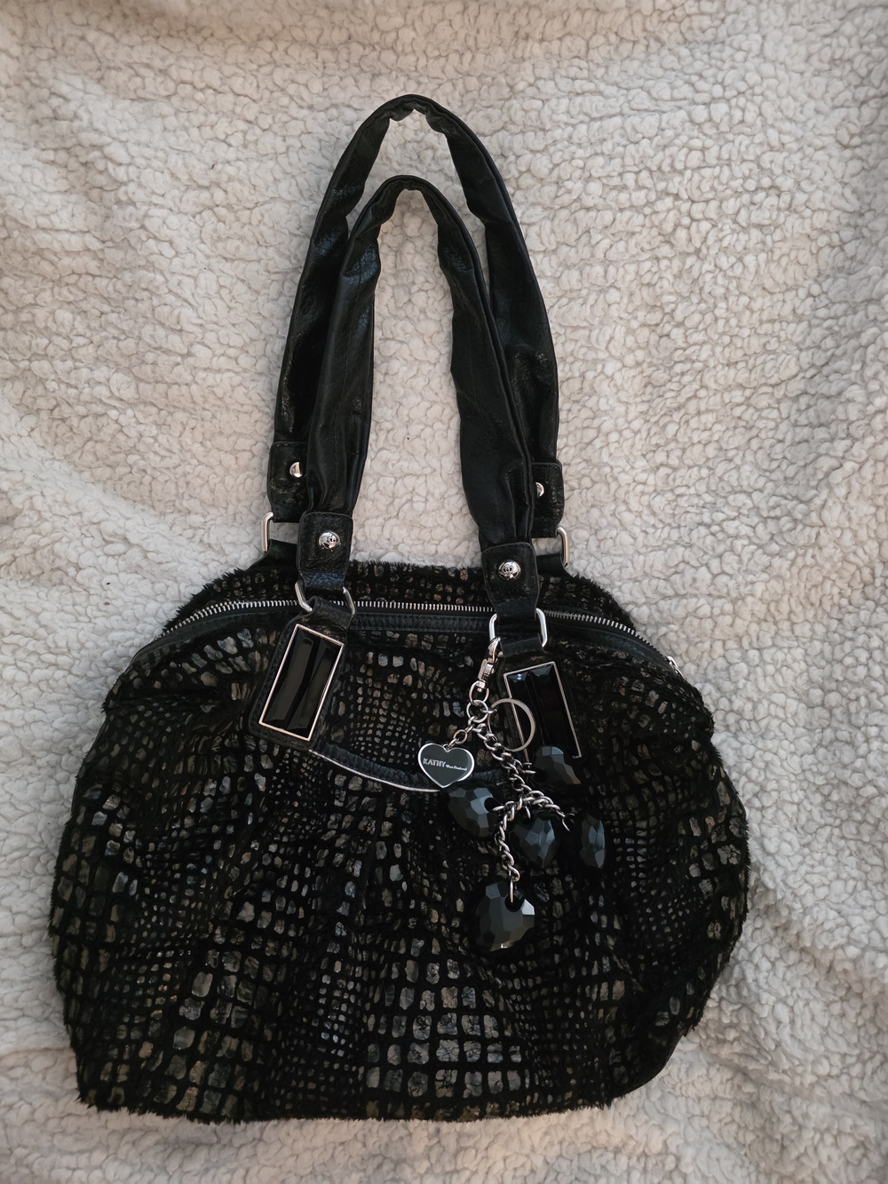 KVZ Black Beaded Mesh shoulder Bag with Charm Accents